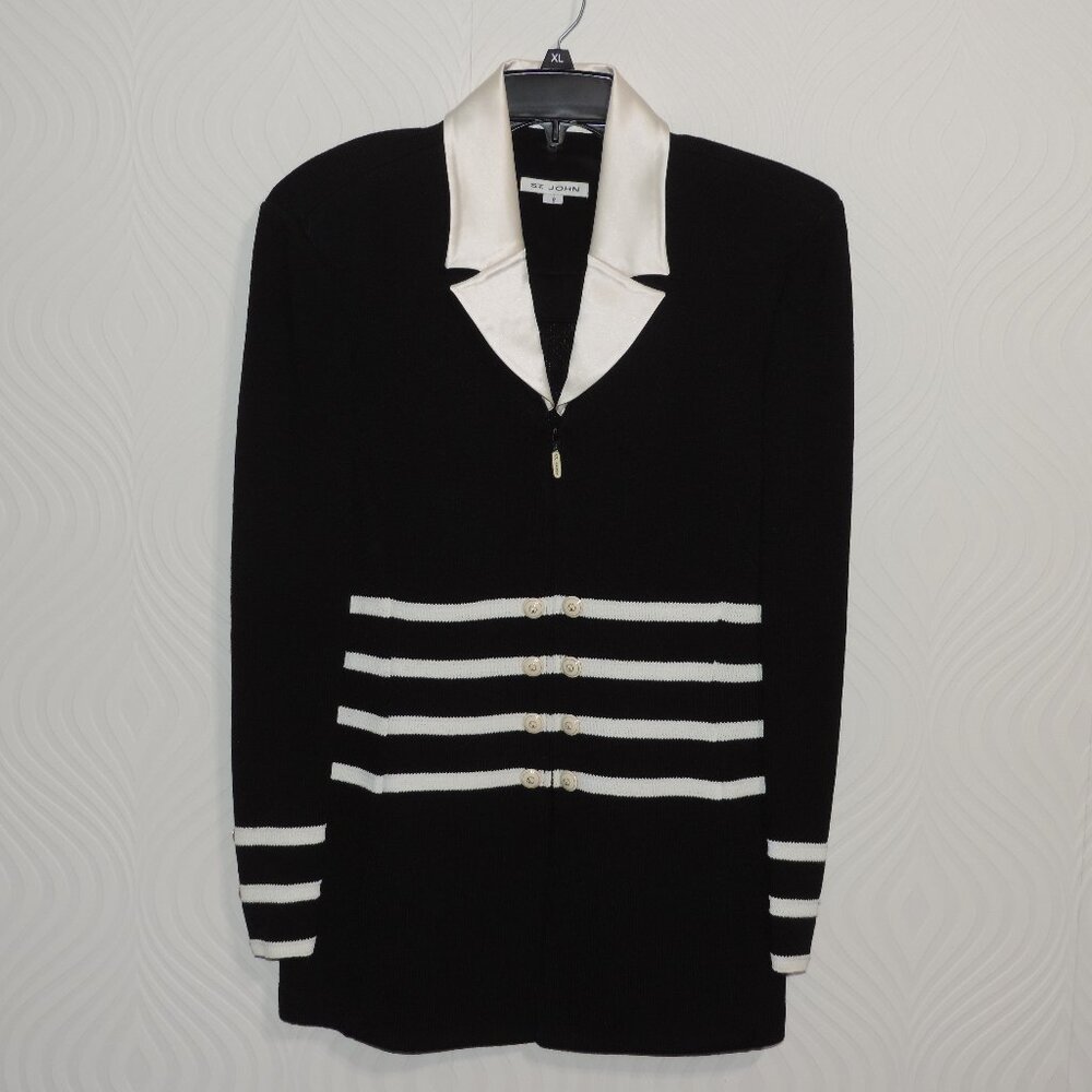 ST JOHN Santana Knit Jacket sz 8 Caviar Black & White Satin Removable Collar